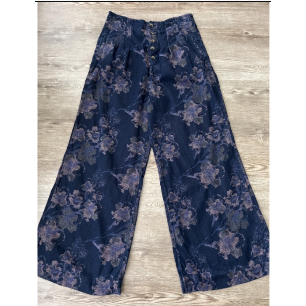 Pilcro Anthropologie Floral Jacquard Wide Leg Pants Womens 28 Navy Blue Metallic